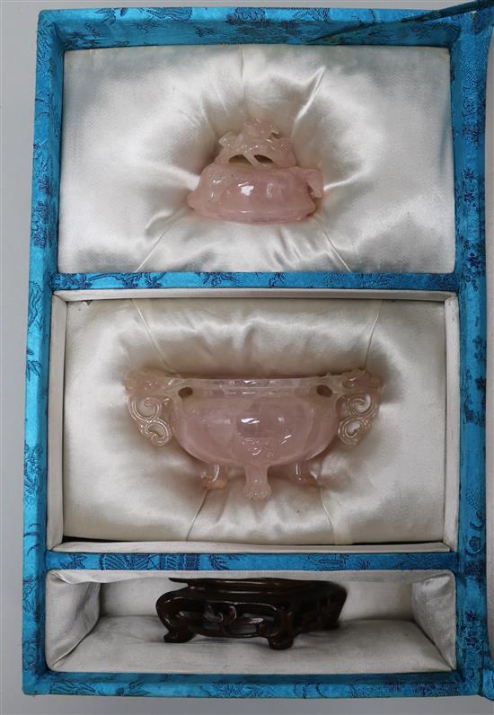 A Chinese rose quartz censer and cover, box
